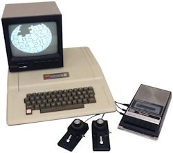 Apple II with a 9-inch monochrome monitor, game paddles and Red Book cassette deck